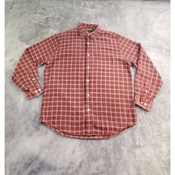 Timberland Size L Plaid Flannel Button Down Shirt Mens Red Cotton Casual C11-16 - Picture 1 of 7